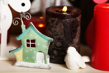 Fireplace with beautiful Christmas decorations in room