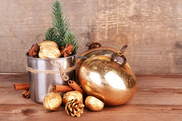 Beautiful Christmas composition with golden walnuts,