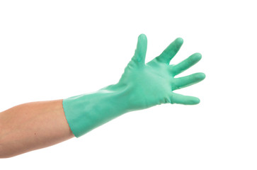 Hand in green glove.