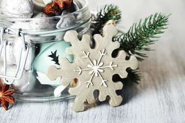 Beautiful Christmas composition with silver walnuts,