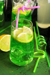 Glasses of fruit cocktails in party close-up