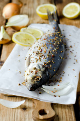 Salted herring on a wooden table