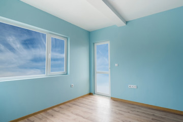 Empty blue room with windows and a door includes clipping path