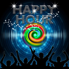 Happy Hour poster round blue dot equalizer with rainbow vortex - obrazy, fototapety, plakaty
