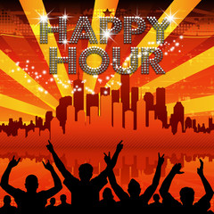 Happy Hour poster red city skyline sunburst