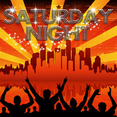Saturday Night poster red city skyline sunburst