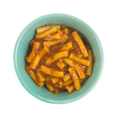 Serving of pasta and beef in tomato sauce