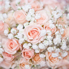 soft pink wedding bouquet with rose bush and little white flower