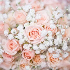 Poster de jardin Roses soft pink wedding bouquet with rose bush and little white flower