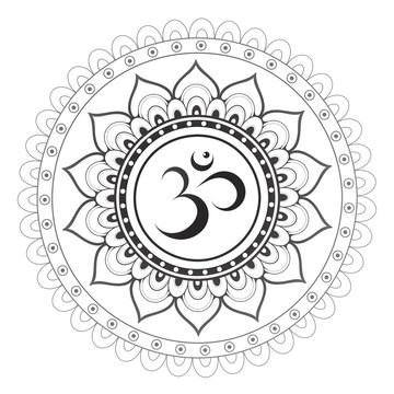 Sanskrit sacred symbol Om with ethnic ornament