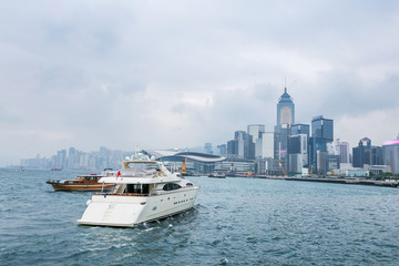 yacht,cityscape and victoria harbor of  hongkong