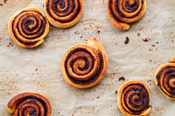 sweet rolls with cinnamon and chocolate - top view
