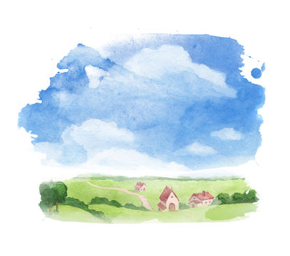 Rural landscape. Watercolor illustration of village