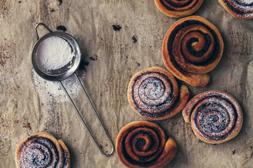 sweet rolls with cinnamon, chocolate and powdered sugar