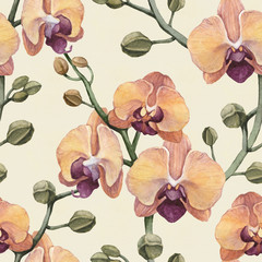 Vintage seamless pattern with watercolor orchid flowers