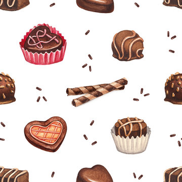 Watercolor illustration of a chocolate candies. Seamless pattern