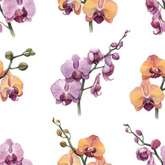 Seamless pattern with watercolor orchid flowers