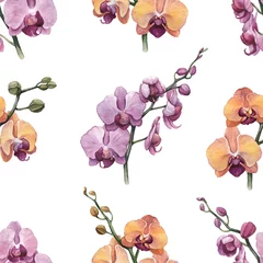 Zelfklevend Fotobehang Orchidee Naadloos patroon met aquarel orchideebloemen