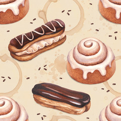 Chocolate eclair and cinnamon bun illustrations. Seamless patter