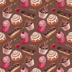 Chocolate eclair, cinnamon bun and cupcakes illustration