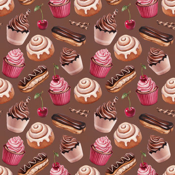 Chocolate eclair, cinnamon bun and cupcakes illustration