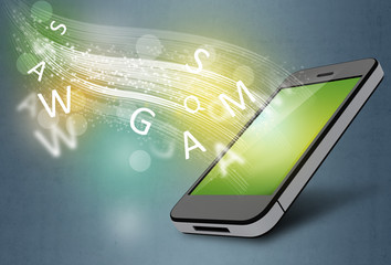 phone and flying letters leaves a trail.