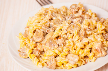 pasta with meat and mushrooms in a creamy sauce