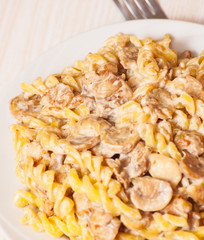 pasta with meat and mushrooms in a creamy sauce