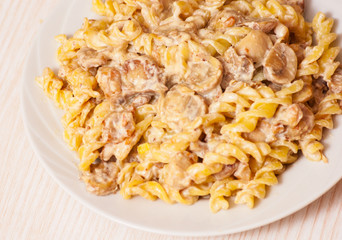 pasta with meat and mushrooms in a creamy sauce
