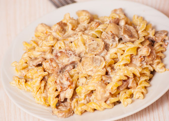 pasta with meat and mushrooms in a creamy sauce