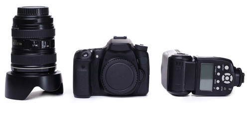DSLR camera body, lens and flash