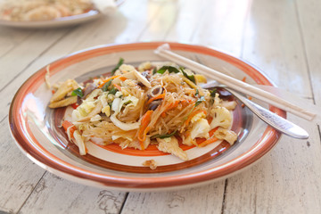 traditional Thai food, pad thai, noodles with vegetables and mea