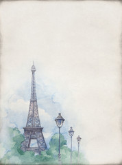 Fototapeta na wymiar Watercolor background with illustration of eiffel tower