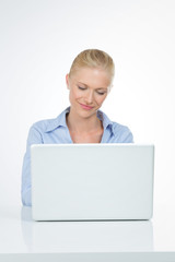 smiley woman with shirt on isolated