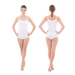 front and rear view of young slim woman in cotton underwear isol
