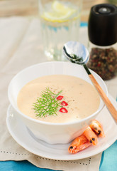 Cheese Shrimp Cream Soup in a White Bowl