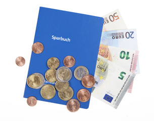 sparbuch mit scheine und muenzen