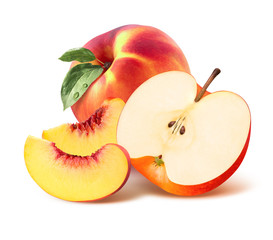 Whole peach, quarter and apple half isolated on white background