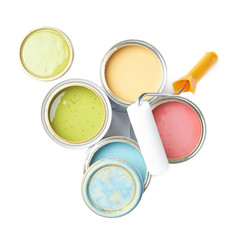 Paint roller over cans of paint