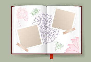 Opened Album With Blank Photo Frames Decorated By Nature Element