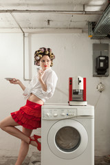portrait of pretty woman in laundry