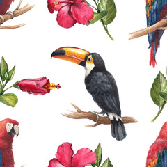 Watercolor toucan and parrot. Seamless pattern