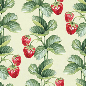 Seamless pattern with watercolor strawberry bush