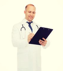 smiling male doctor with clipboard and stethoscope