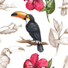 Toucan and hibiscus flower drawings. Seamless pattern