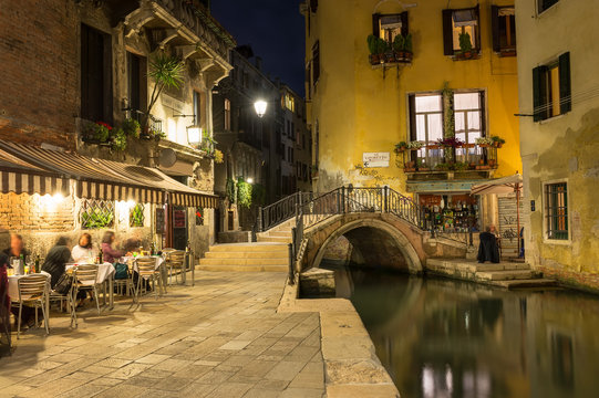 Night view of canal in Venice, Italy