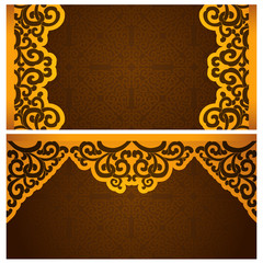 Invitation in oriental style. Gold ornament brown background.
