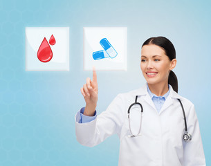 smiling doctor or nurse pointing to pills icon