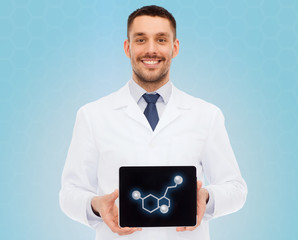 smiling male doctor showing tablet pc screen