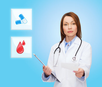 smiling doctor or nurse pointing to pills icon
